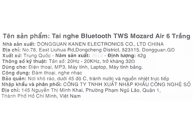 Tai nghe Bluetooth True Wireless Mozard Air 6 Màu Trắng