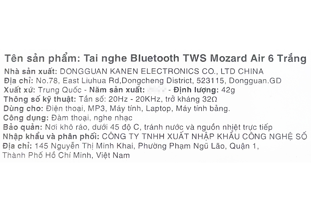 Tai nghe Bluetooth True Wireless Mozard Air 6 Màu Trắng