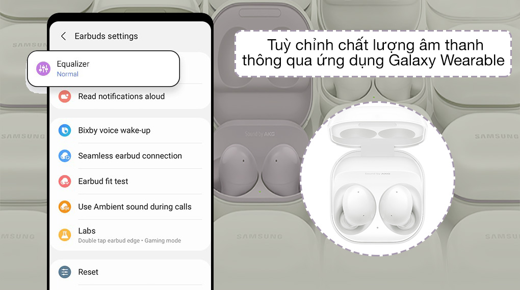Tuỳ chỉnh chất lượng âm thanh qua ứng dụng Wearable Galaxy | Tai nghe Bluetooth True Wireless Samsung Galaxy Buds 2 R177N Trắng