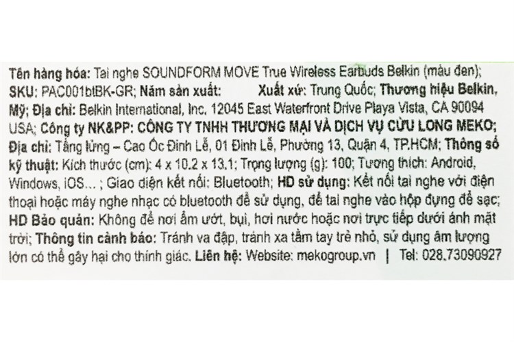 Tai nghe Bluetooth True Wireless Belkin Soundform Move PAC001 Màu Đen