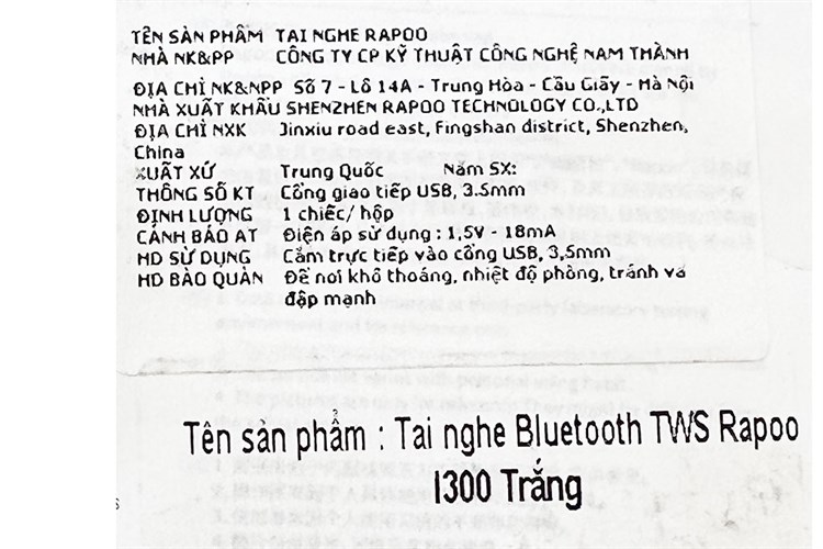 Tai nghe Bluetooth True Wireless Rapoo I300 Màu Trắng
