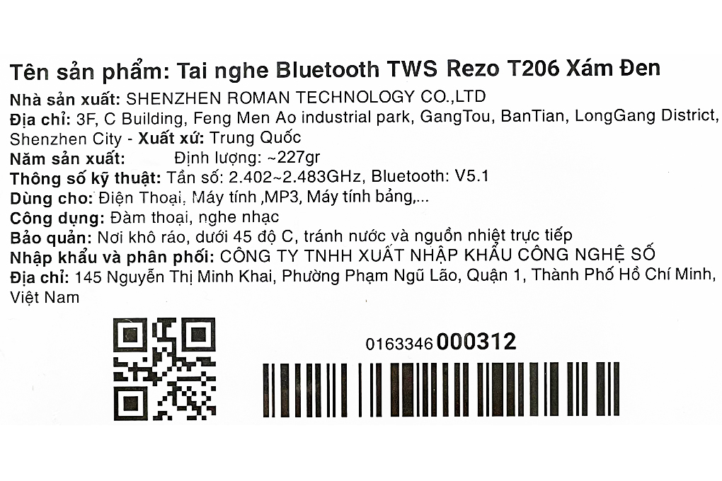 Tai nghe Bluetooth True Wireless Rezo T206 Xám Đen