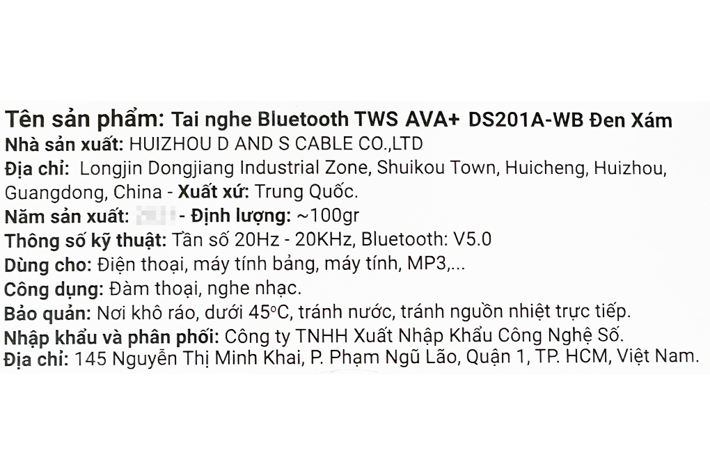 Tai nghe Bluetooth True Wireless AVA+ DS201A-WB Màu Đen - Xám