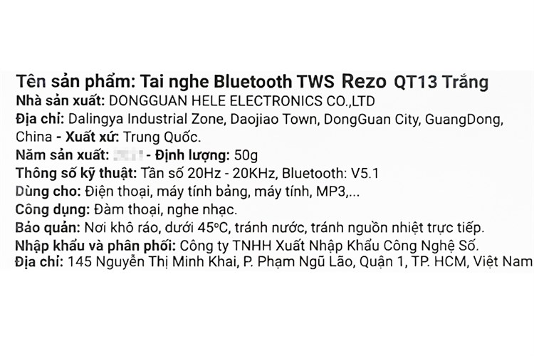 Tai nghe Bluetooth True Wireless Rezo QT13 Màu Trắng