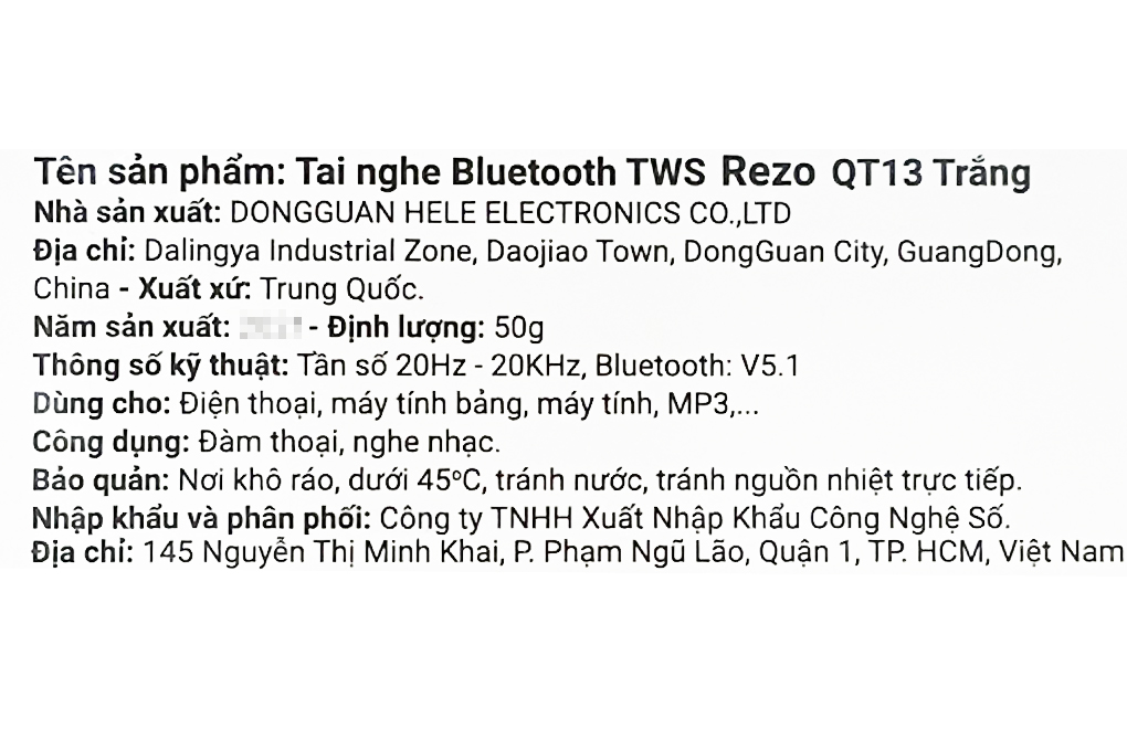 Tai nghe Bluetooth True Wireless Rezo QT13 Màu Trắng