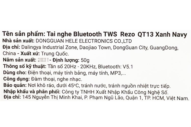 Tai nghe Bluetooth True Wireless Rezo QT13 Màu Xanh Navy