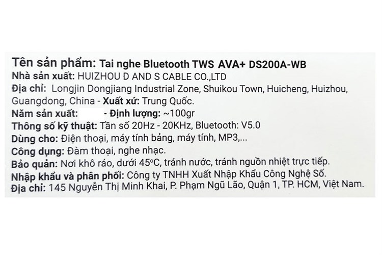 Tai nghe Bluetooth True Wireless AVA+ DS200A-WB Màu Đen