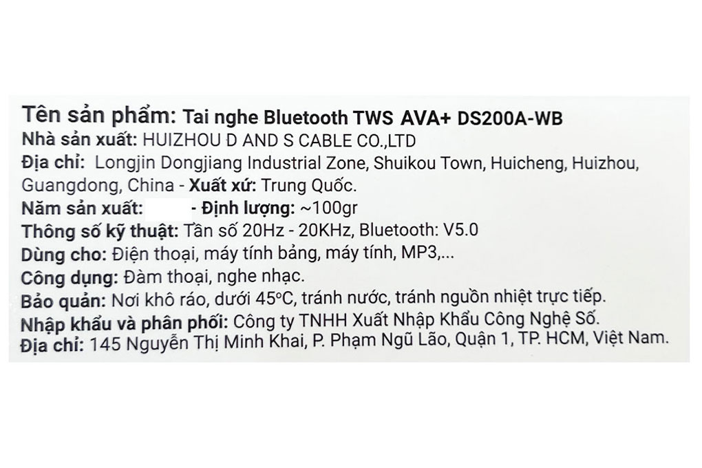 Tai nghe Bluetooth True Wireless AVA+ DS200A-WB Màu Đen