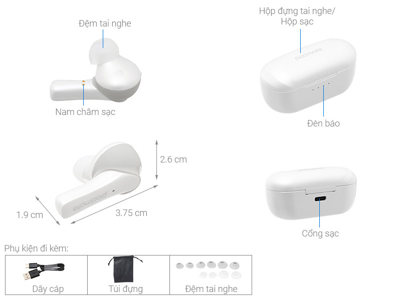 Tai nghe Bluetooth True Wireless Padmate M1 Mini Trắng