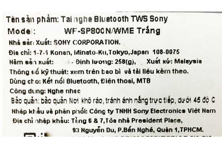 Tai nghe Bluetooth True Wireless Sony WF-SP800N Màu Trắng