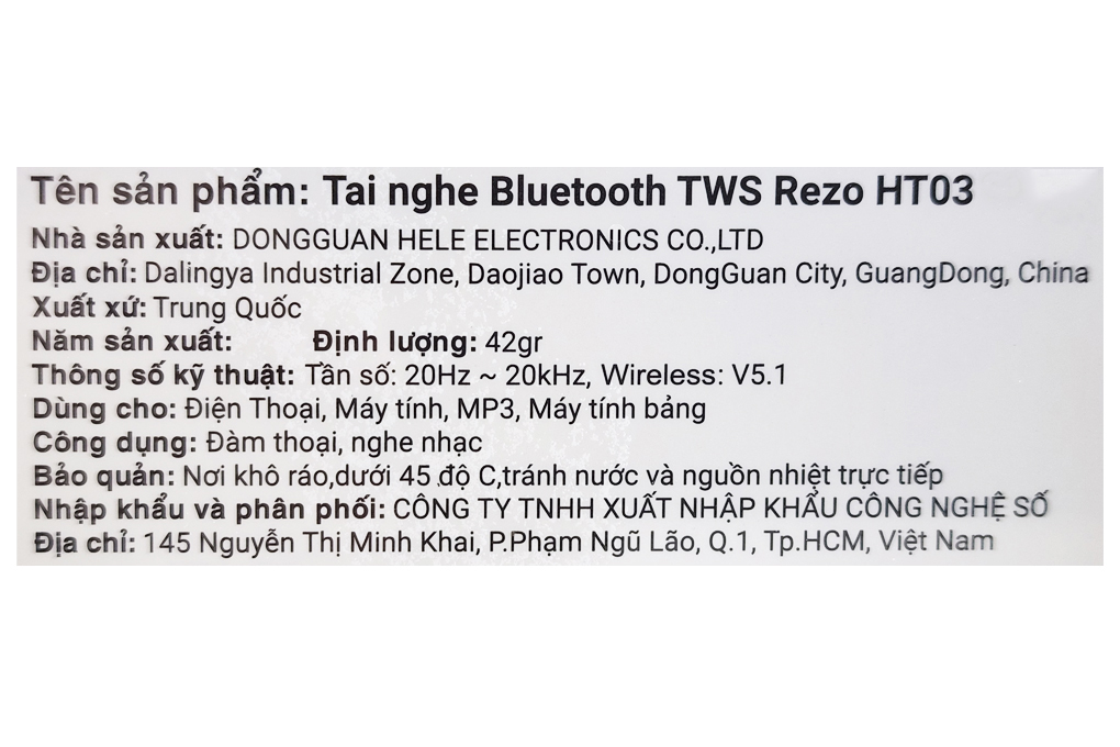 Tai nghe Bluetooth True Wireless Rezo HT03 ANC Màu Đen