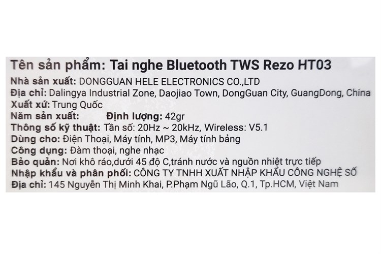 Tai nghe Bluetooth True Wireless Rezo HT03 ANC Màu Trắng