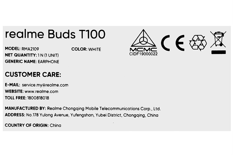 Tai nghe Bluetooth True Wireless realme Buds T100 Màu Trắng