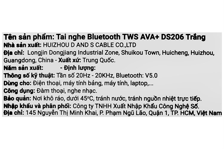 Tai nghe Bluetooth True Wireless AVA+ DS206 Màu Trắng