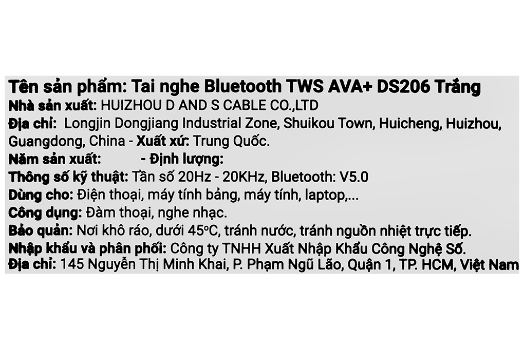 Tai nghe Bluetooth True Wireless AVA+ DS206 Màu Trắng