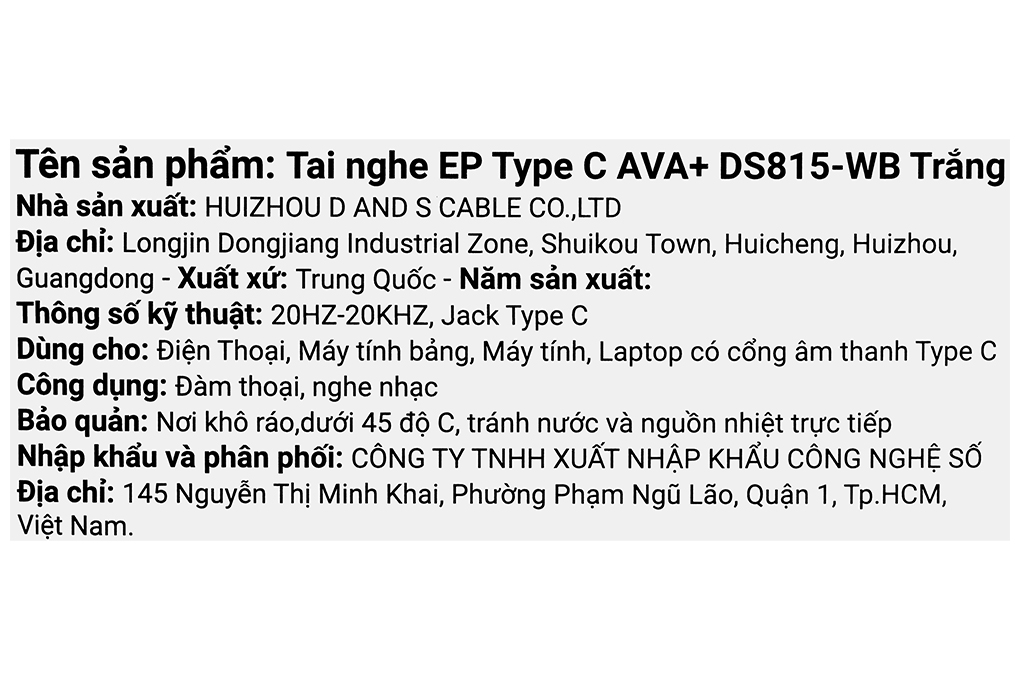 Tai nghe Có Dây Type C AVA+ DS815-WB Màu Trắng
