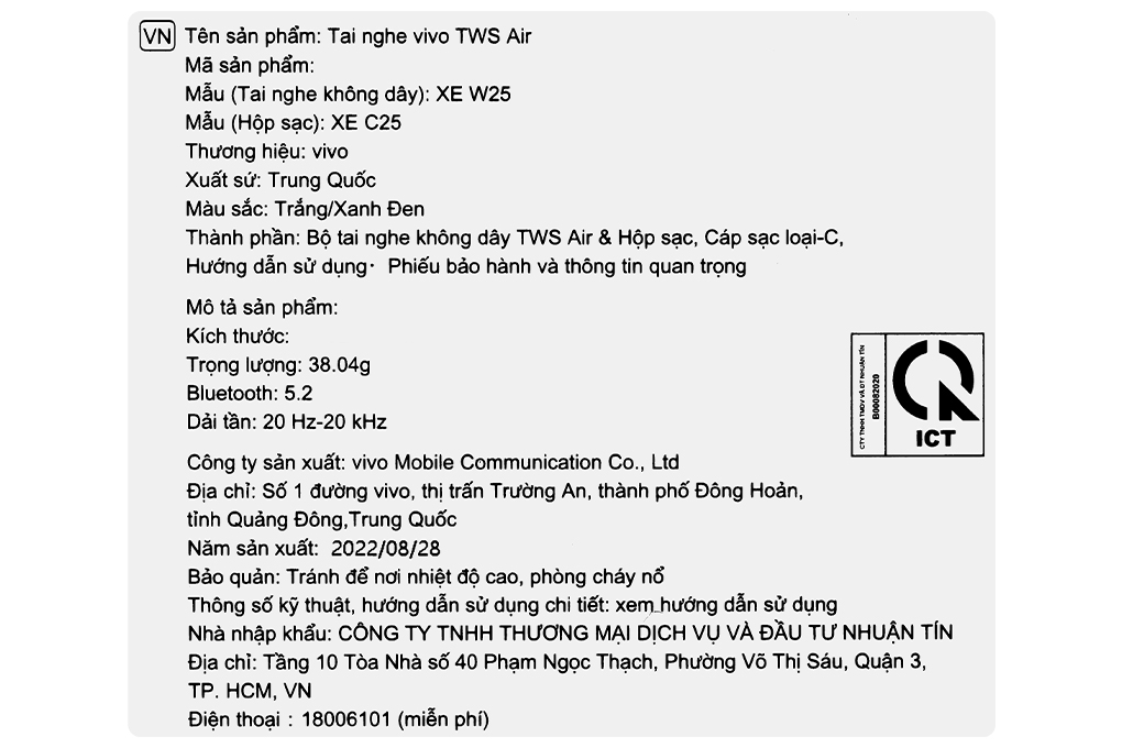 Tai nghe Bluetooth True Wireless vivo Air XEW25 Màu Xanh đen