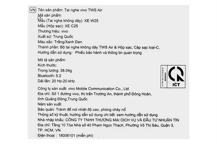 Tai nghe Bluetooth True Wireless vivo Air XEW25 Màu Trắng