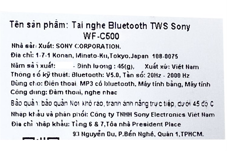 Tai nghe Bluetooth True Wireless Sony WF-C500 Màu Trắng