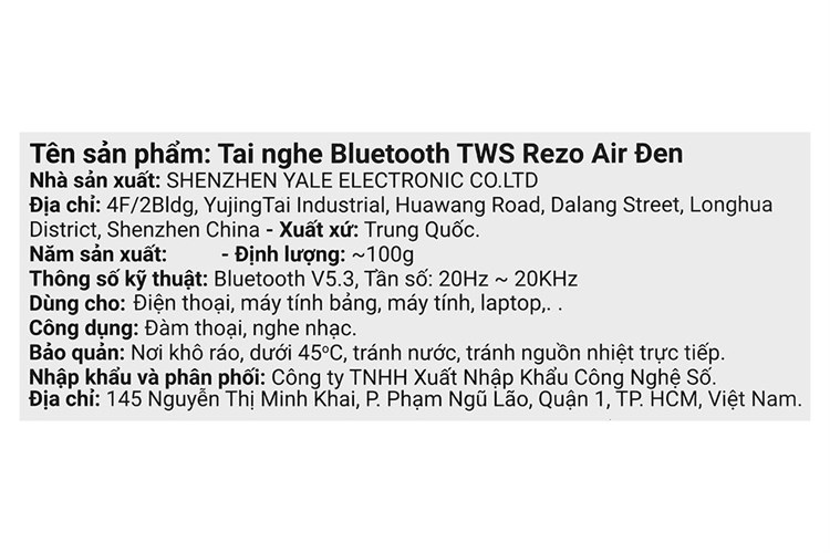 Tai nghe Bluetooth True Wireless Rezo Air Màu Đen