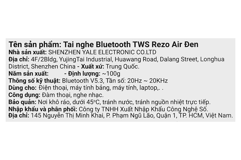 Tai nghe Bluetooth True Wireless Rezo Air Màu Đen