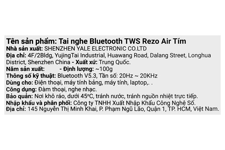 Tai nghe Bluetooth True Wireless Rezo Air Màu Tím