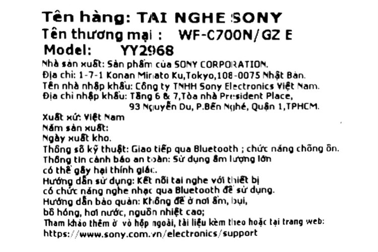 Tai nghe Bluetooth True Wireless Sony WF-C700N Màu Đen
