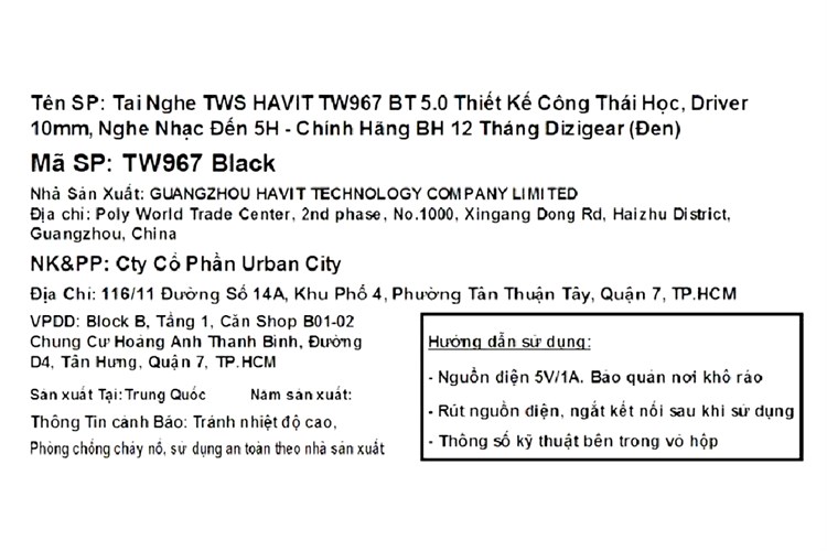 Tai nghe Bluetooth True Wireless HAVIT TW967 Màu Đen