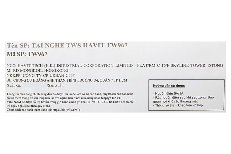 Tai nghe Bluetooth True Wireless HAVIT TW967 Màu Xanh