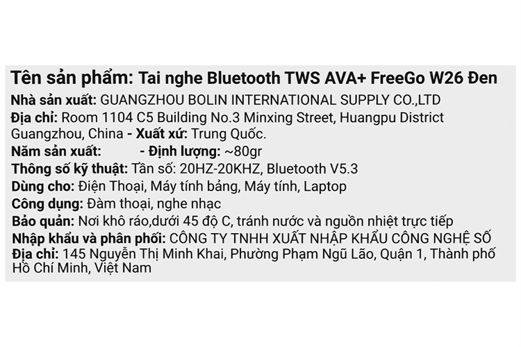 Tai nghe Bluetooth True Wireless AVA+ FreeGo W26 Màu Đen