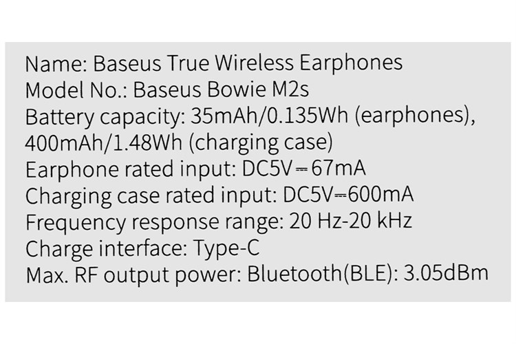 Tai nghe Bluetooth True Wireless Baseus Bowie M2s Màu Đen