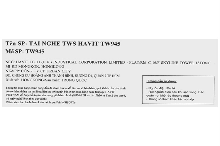 Tai nghe Bluetooth True Wireless Havit TW945 Màu Cam