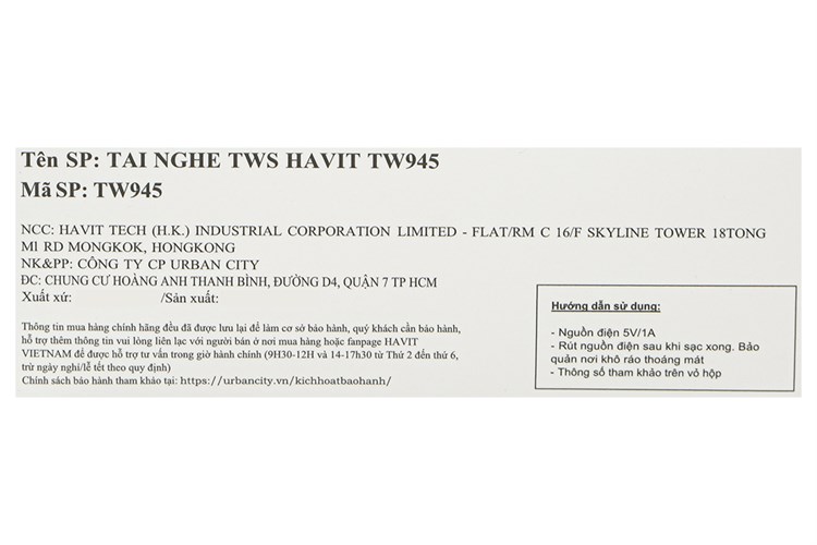 Tai nghe Bluetooth True Wireless Havit TW945 Màu Đen