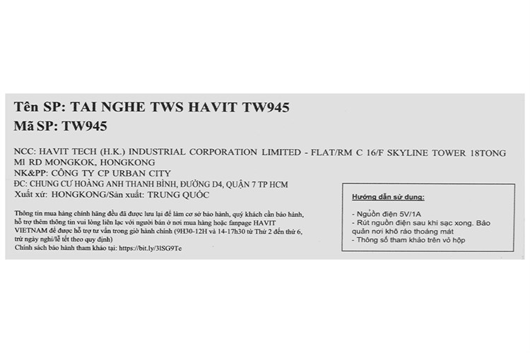 Tai nghe Bluetooth True Wireless Havit TW945 Màu Trắng