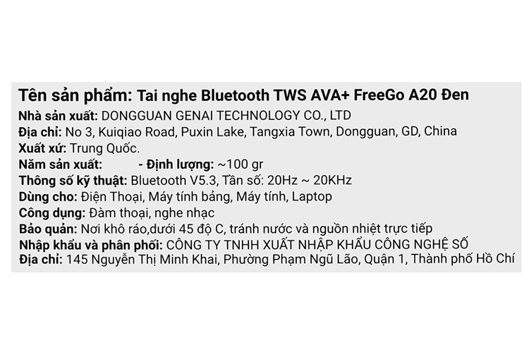 Tai nghe Bluetooth True Wireless AVA+ FreeGo A20 Màu Đen