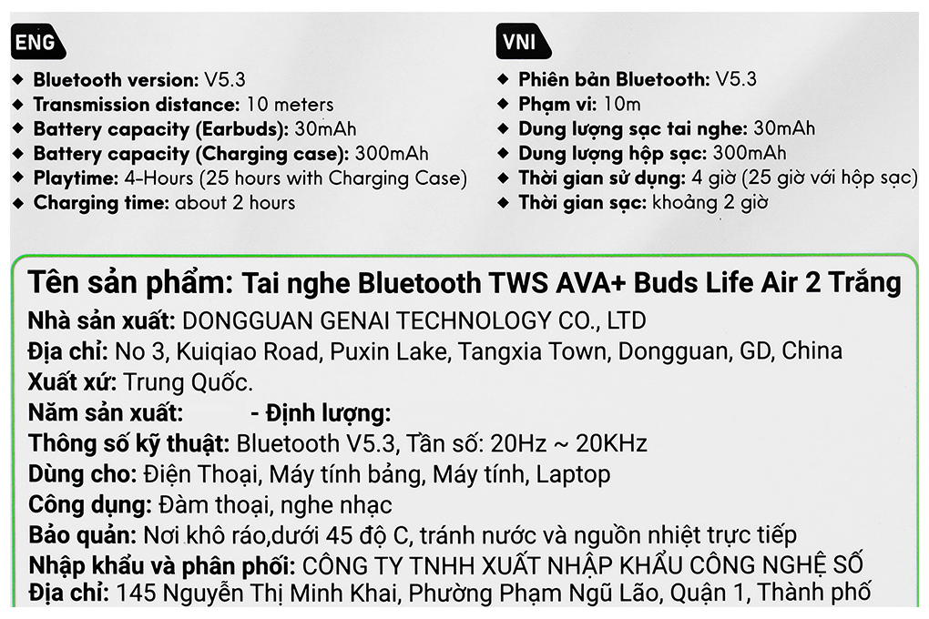 Tai nghe Bluetooth True Wireless AVA+ Buds Life Air 2 Màu Trắng