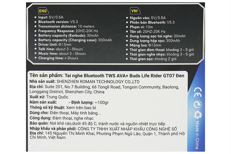 Tai nghe Bluetooth True Wireless AVA+ Buds Life Rider GT07 Màu Đen