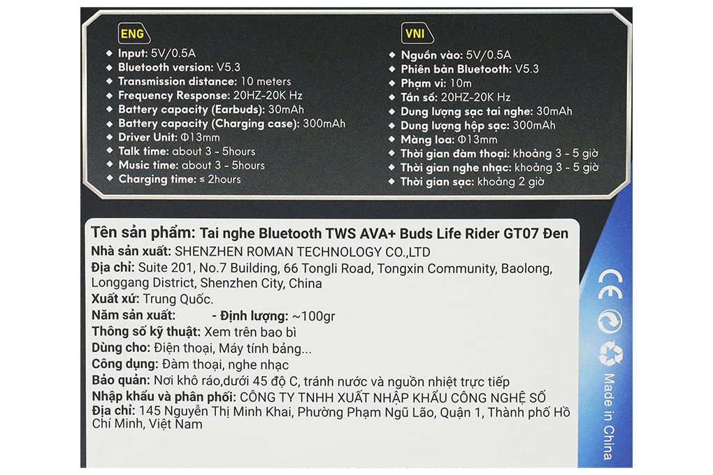 Tai nghe Bluetooth True Wireless AVA+ Buds Life Rider GT07 Màu Đen