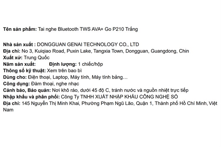 Tai nghe Bluetooth True Wireless AVA+ Go P210 Màu Trắng