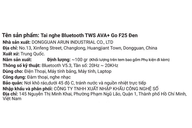 Tai nghe Bluetooth True Wireless AVA+ Go F25 Màu Đen