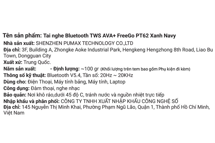 Tai nghe Bluetooth True Wireless AVA+ FreeGo PT62 Màu Xanh Navy