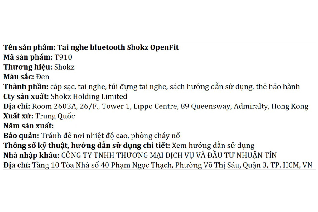Tai nghe Bluetooth True Wireless Shokz OPENFIT T910 Màu Đen