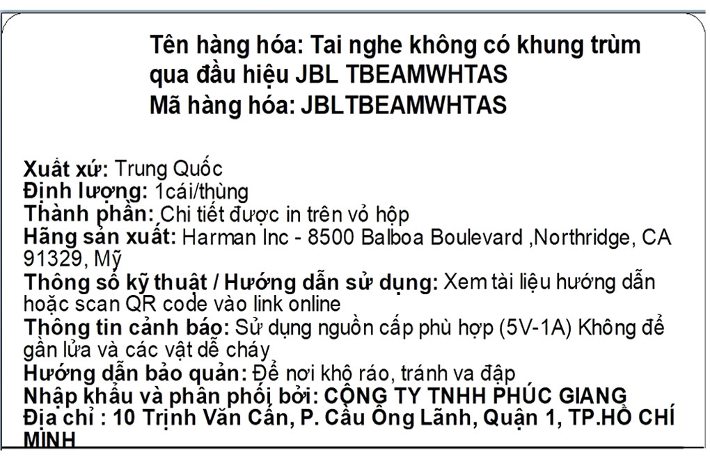 Tai nghe Bluetooth True Wireless JBL Tune Beam Màu Trắng