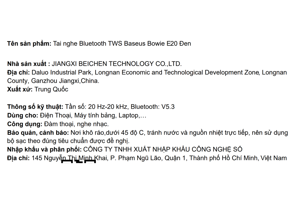 Tai nghe Bluetooth True Wireless Baseus Bowie E20 Màu Đen
