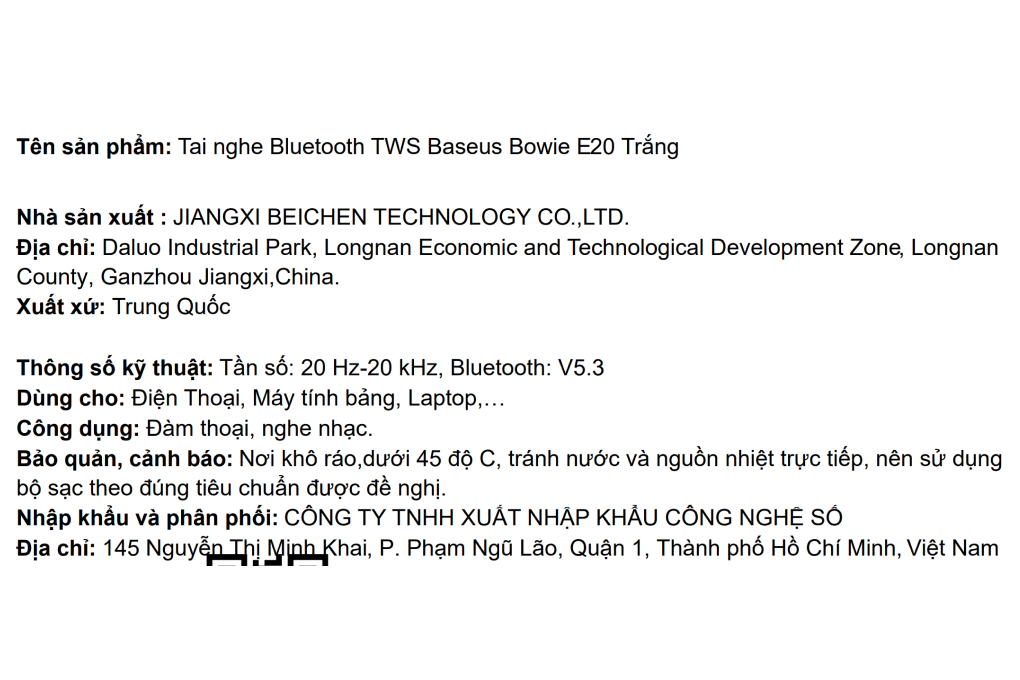 Tai nghe Bluetooth True Wireless Baseus Bowie E20 Màu Trắng