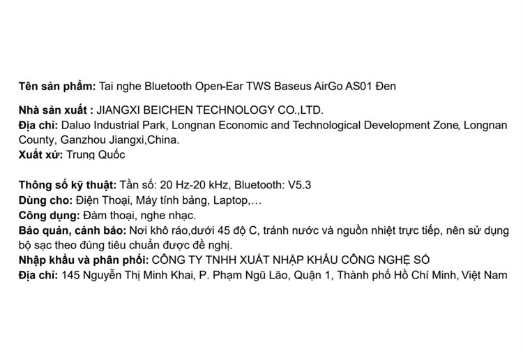 Tai nghe Bluetooth True Wireless Baseus AirGo AS01 Open-Ear Màu Đen