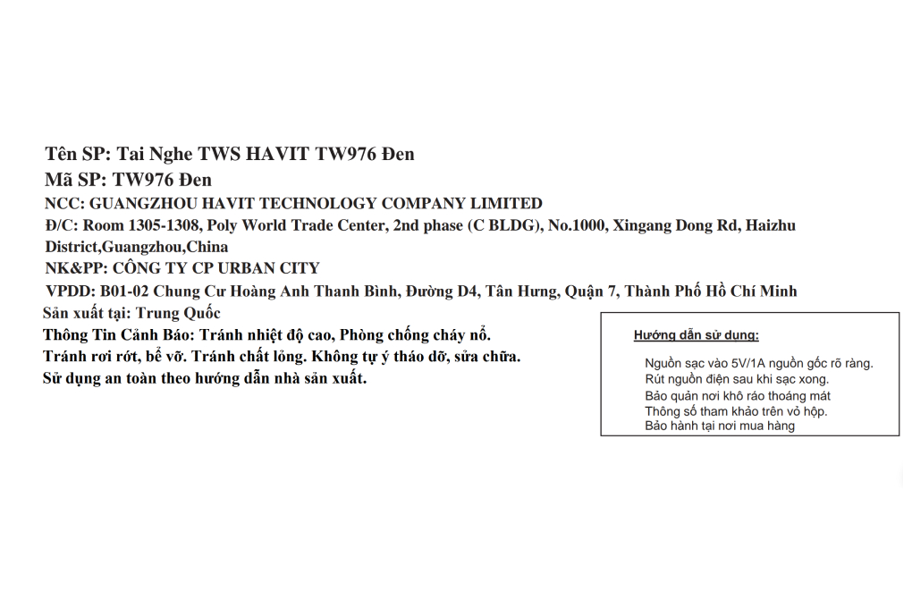 Tai nghe Bluetooth True Wireless Havit TW976 Màu Đen