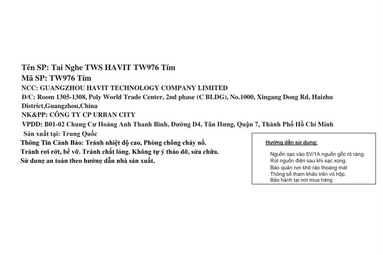 Tai nghe Bluetooth True Wireless Havit TW976 Màu Tím