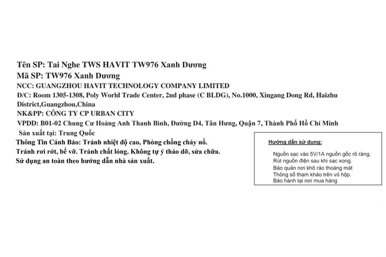 Tai nghe Bluetooth True Wireless Havit TW976 Màu Xanh Dương