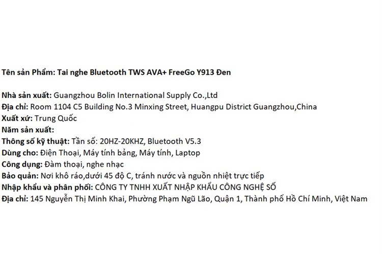 Tai nghe Bluetooth TWS AVA+ FreeGo Y913 Màu Đen